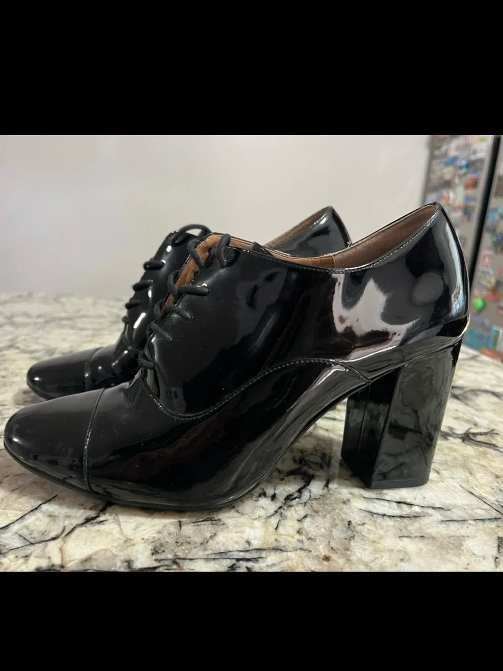 Calvin Klein Black Patent Lace-Up Block Heel Oxfords